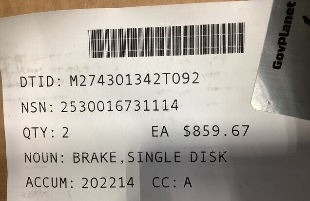 MILITARY UTILITY TRUCK, ROTOR DISC BRAKE 293CM18 23123803 2530-01-673-1114