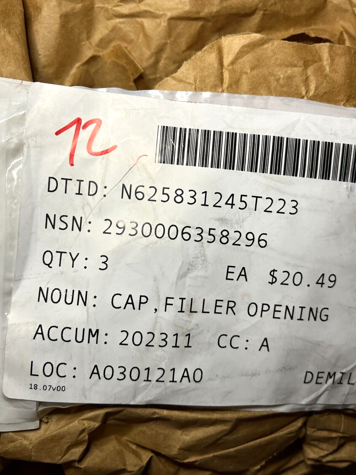 CAT CATERPILLAR 7H1447 FILLER OPENING CAP HYDRAULIC 2930-00-635-8296
