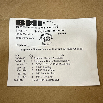 MRAP COUGAR CAT1 A2 BMI 700-1510 GUNNERS HARNESS ASSEMBLY KIT 2540-01-570-0638
