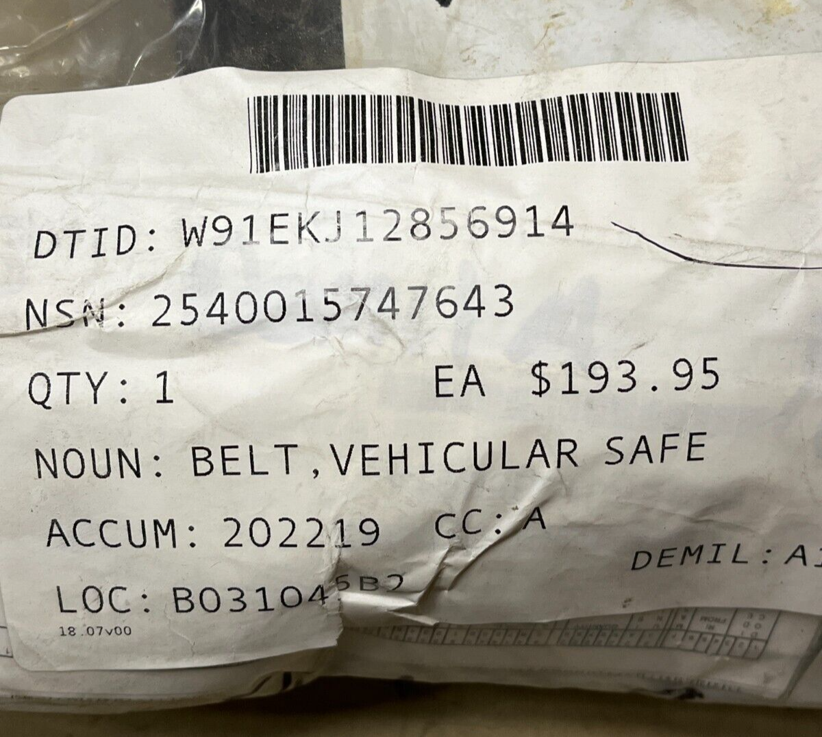 MRAP AMSAFE R0094613 VEHICULAR SAFETY BELT REAR 417410212251 2540-01-574-7643
