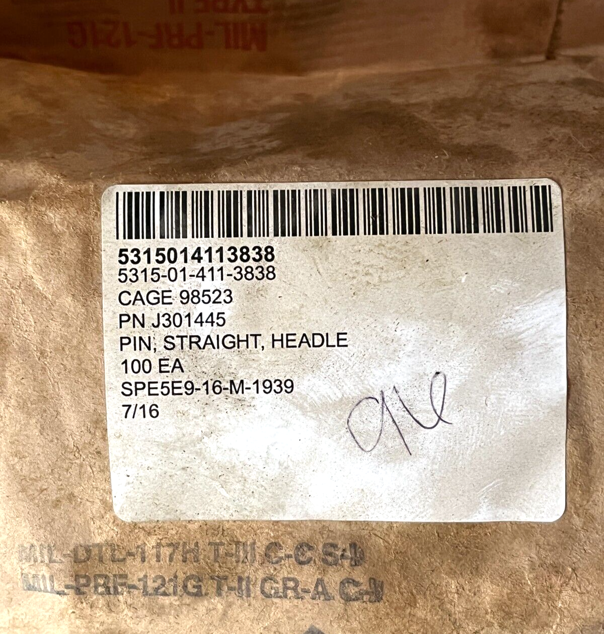 (1) NIMITZ CLASS AIRCRAFT CARRIER STRAIGHT HEADLESS PIN 5315-01-411-3838 J301445