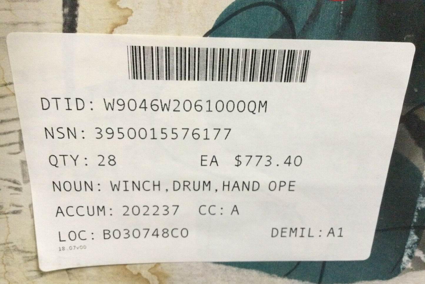 MRAP HAND OPERATED DRUM WINCH WHEEL SPARE RH ASSY R0067059 3950-01-557-6177 NOS