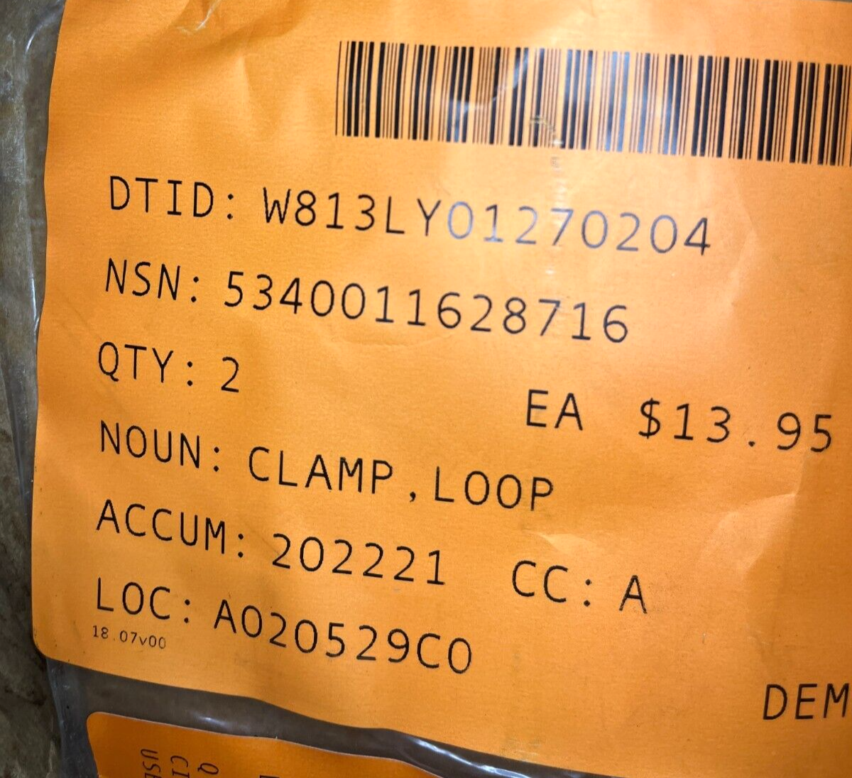 HELICOPTER HH-60H, SH-60B  1/2"  SS7563-9NBCL LOOP CLAMP 5340-01-162-8716 NOS