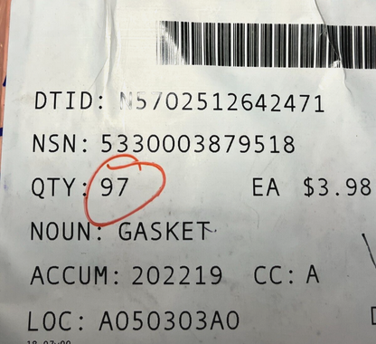 NIMITZ CLASS CVN XY-170 1.250 LENGTH GASKET XY170 5330-00-387-9518 USA-STOCK