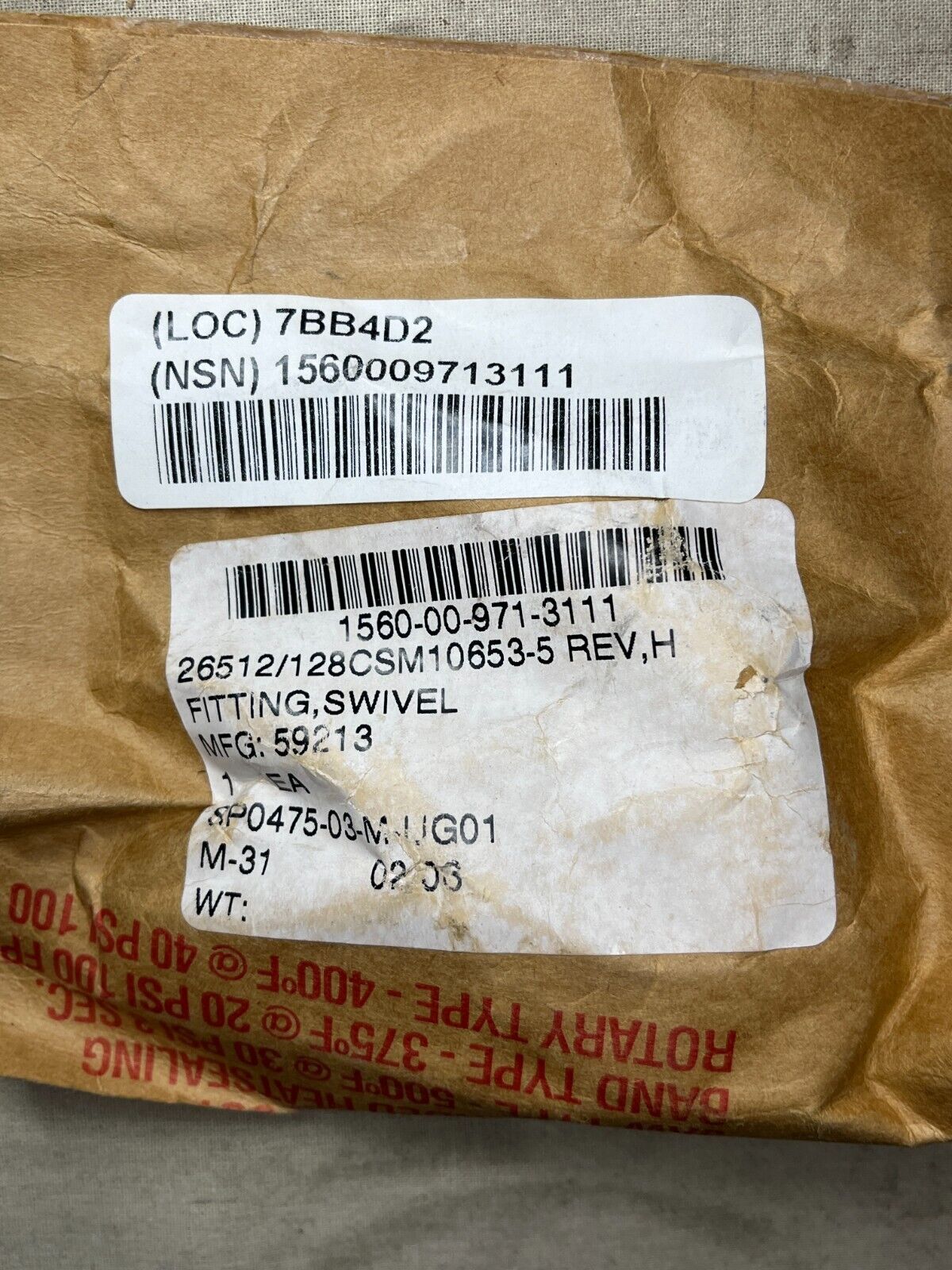 AIRCRAFT INTRUDER A-6E 128CSM10653-5 Swivel Fitting 1560-00-971-3111