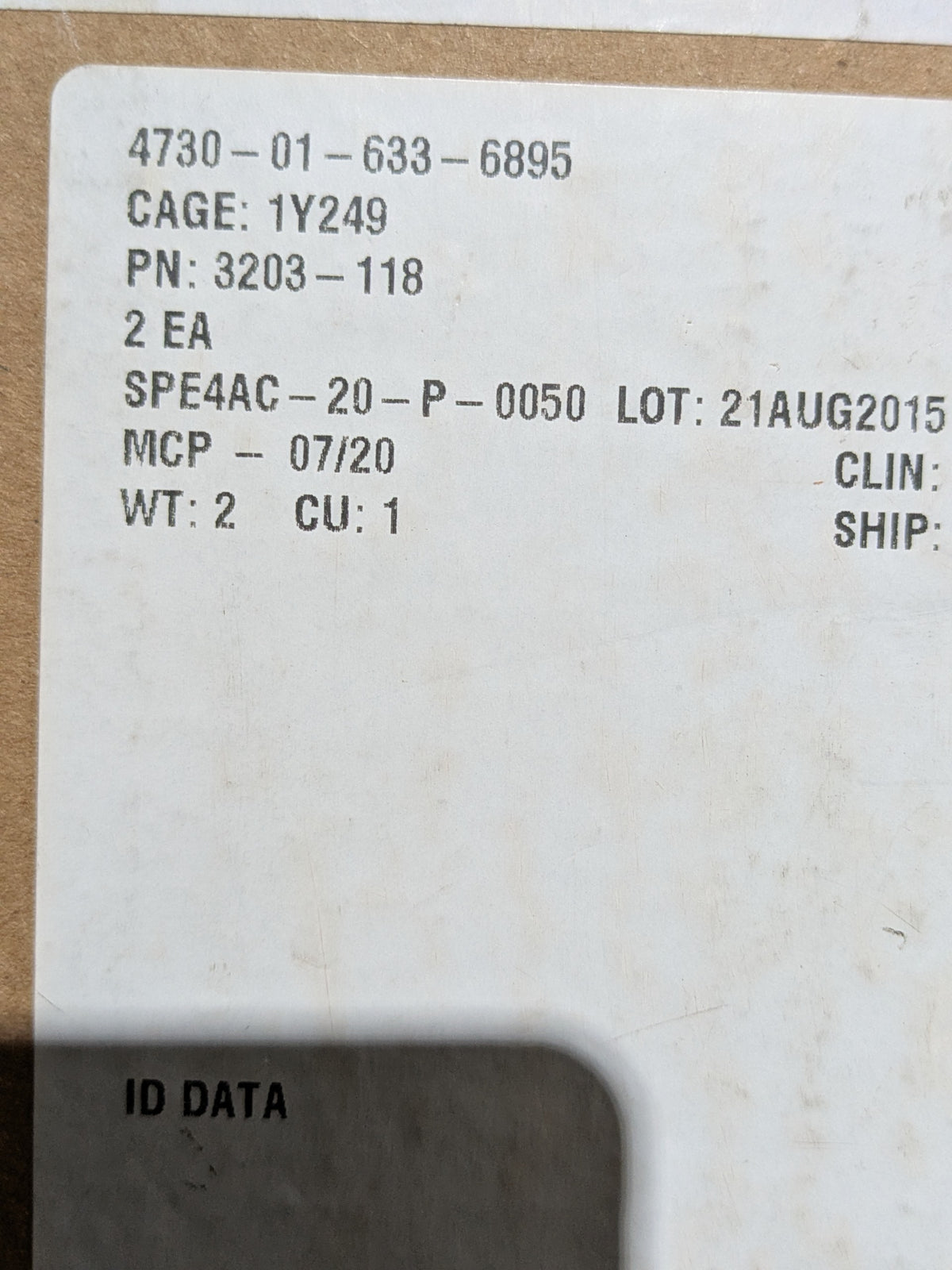 Woodward 3203-118 Plate, Orifice, Fluid - NSN 4730-01-633-6895 - inventory label