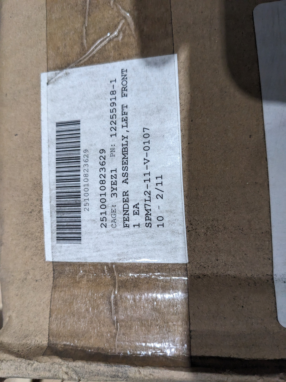 U S Army Tank Automotive Command 12255918-1 Vehicular Fender - NSN 2510-01-082-3629 - inventory label