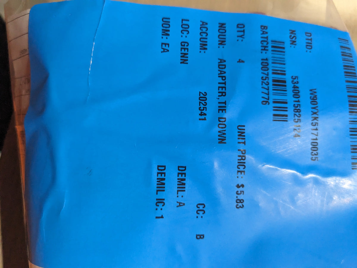 MACS Custom Tiedowns Inc 310001 Tie Down Adapter - NSN 5340-01-582-5124 - inventory label