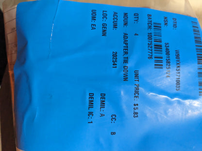 MACS Custom Tiedowns Inc 310001 Tie Down Adapter - NSN 5340-01-582-5124 - inventory label
