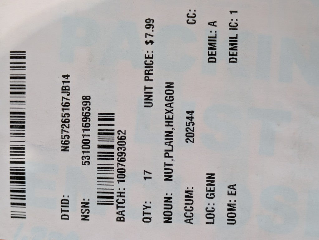 Jennings Technology Company LLC 210017 Nut, Plain, Hexagon - NSN 5310-01-169-6398 - inventory label