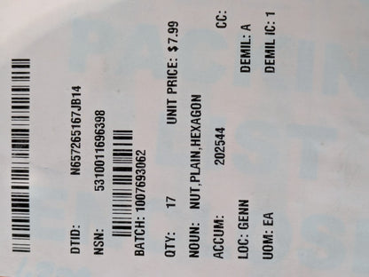 Jennings Technology Company LLC 210017 Nut, Plain, Hexagon - NSN 5310-01-169-6398 - inventory label