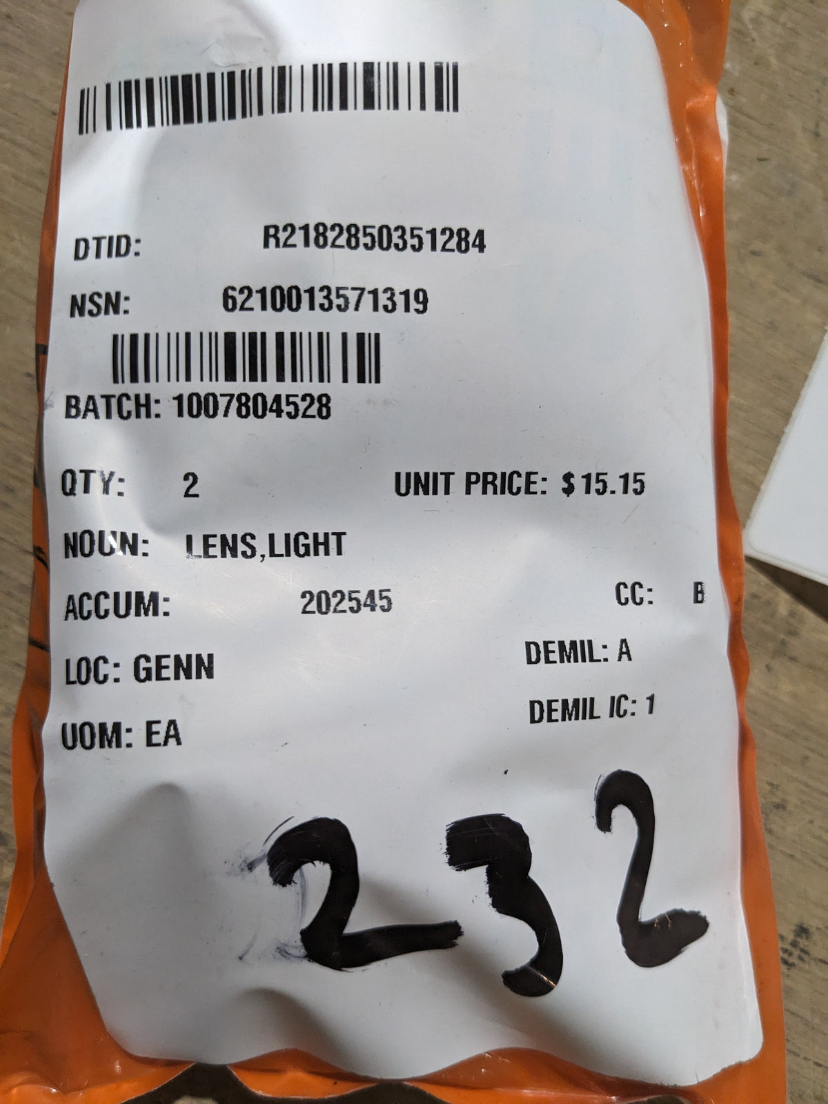 Littelfuse 410RT Light Lens - NSN 6210-01-357-1319 - inventory label