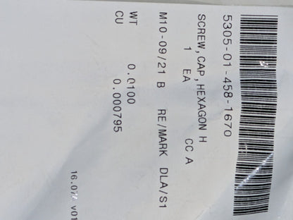 AES01C375E50AW9AA1 Hexagon Cap Screw - NSN 5305-01-458-1670 - inventory label