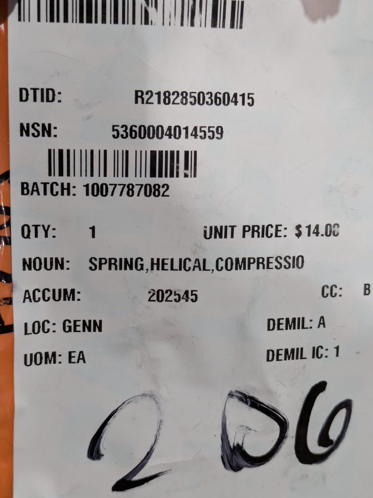 NAVAIR AND NAVSEA MANAGED ORIGINAL 2862606 Helical Compression Spring - NSN 5360-00-401-4559 - inventory label