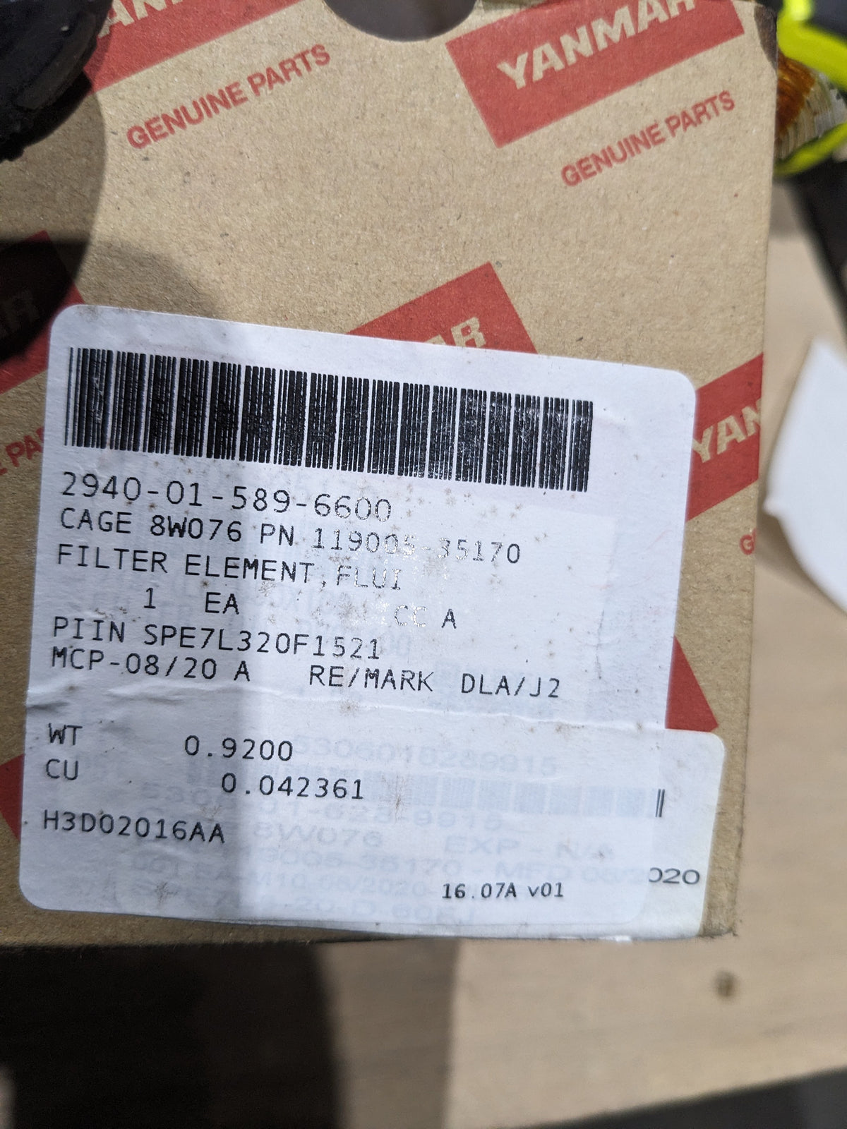 Yanmar America Corporation 119005-35170 Filter Element, Fluid - NSN 2940-01-589-6600 - inventory label