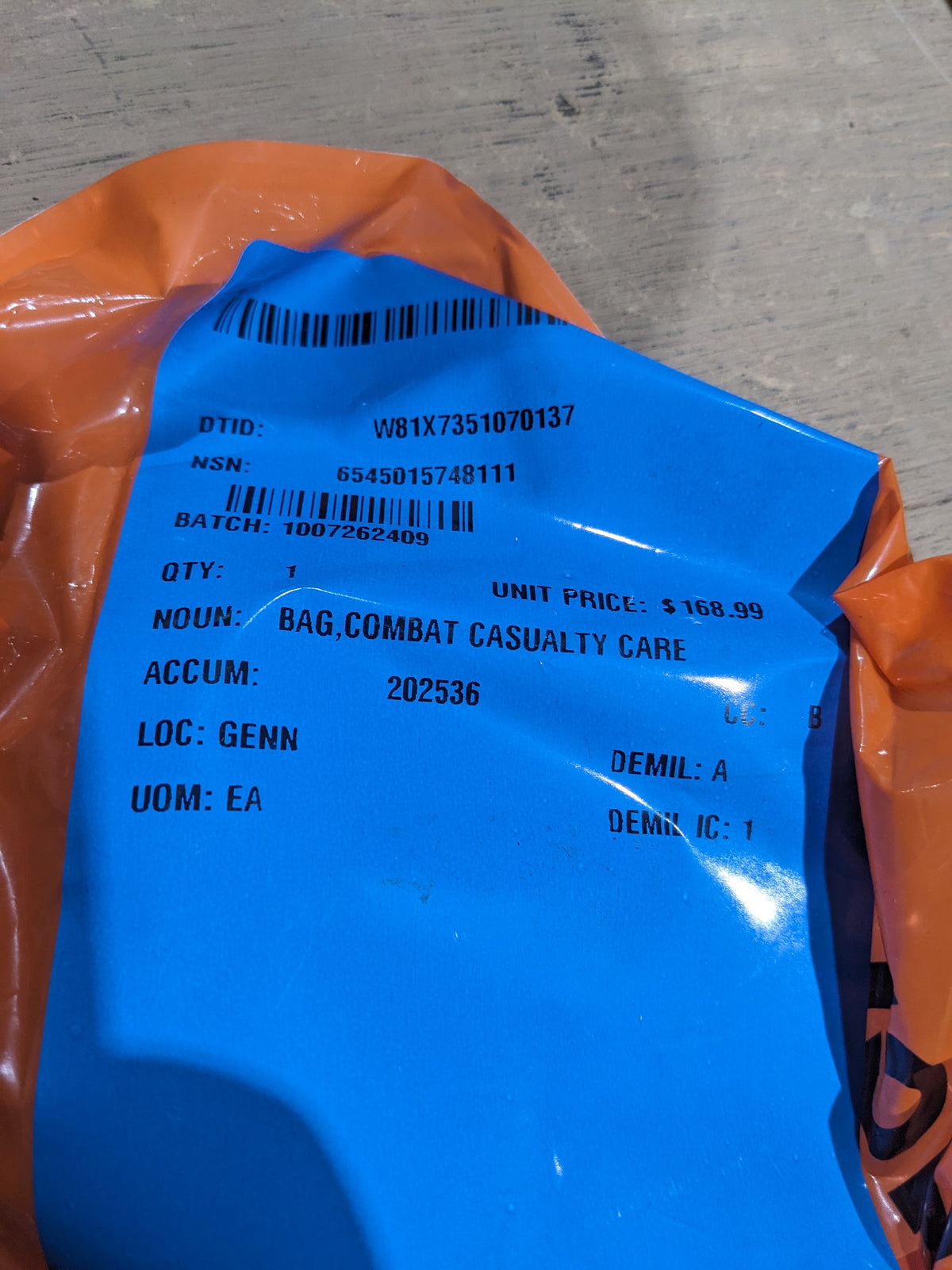 Dresser-Argus, Inc 8111 Combat Casualty Care Bag - NSN 6545-01-574-8111 - inventory label