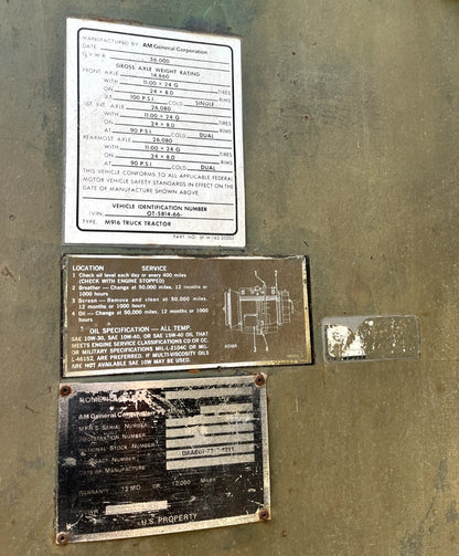 1979 M916 20 TON 6X6 TRACTOR TRUCK FIFTH WHEEL WINCH WITH 9,000 MILES AS-IS