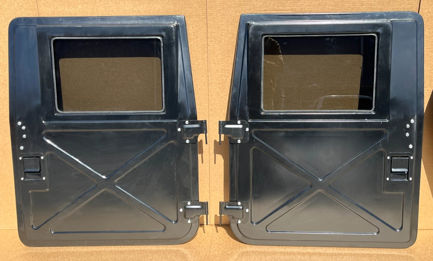 NEW BLACK METAL HMMWV HUMVEE DRIVER AND PASSENGER FRONT DOOR LH & RH X DOOR SET 2510-01-257-3903 / 2510-01-254-1500