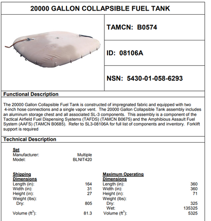 Minowitz 13222E7930 Collapsible 20,000 GALLON FUEL Tank 5340-01-058-6293