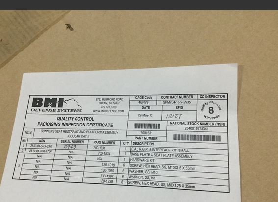 BMI Defense Systems MILITARY FOOT TURRET PLATFORM 1631 Seat Belt Parts Kits 2540-01-573-3341