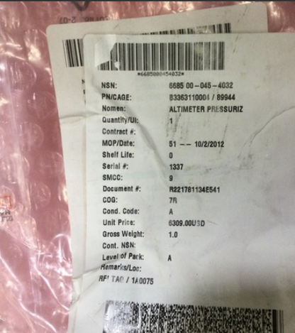 6685-00-045-4032	 B3363110004	 Kollsman   Pressurized Compartment Altimeters