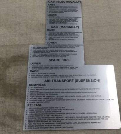 FMTV LMTV CAB LIFT INSTRUCTIONS DATA PLATE 12505953  7690-01-653-5624
